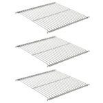 Three shelves of the Metro C5T-SHELFONLY-8 stainless steel wire shelves for C5 T-Series 5/6 height cabinets are shown on a white background, each with curved-edge parallel metal bars spaced vertically.