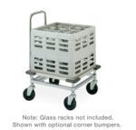 The Metro DH2121C Cup & Glass Rack Dolly with Handle is a sturdy metal cart featuring large wheels and a square, perforated rack. Glass racks are not included. Optional corner bumpers provide added protection.