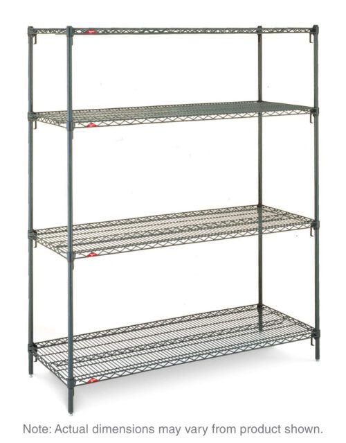 Introducing the Metro Super Adjustable Super Erecta A366K3, a 4-shelf industrial wire shelving starter unit in a Metroseal Green Epoxy finish. This versatile unit measures 18 x 60 x 63, featuring four adjustable metal wire shelves. Note: actual dimensions may vary.