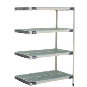 The MetroMax i AX546GX3 4-Shelf Add-On Unit in sleek grey wire mesh with a silver frame measures 24 x 42 x 63. Its freestanding design features angled shelves with plastic end caps, combining both style and functionality.