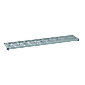 A rectangular metal grating platform, suitable for industrial walkways with parallel slots for grip, resembles the MetroMax Q MQ1472G 14 x 72 plastic shelf featuring a grid mat. Elevated on corner supports, it showcases a gray and blue design.