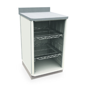 The Metro SXR36WC6 Starsys Workcenters sleek design is mirrored in a 3D rendering of a white kitchen cabinet featuring two open shelves with wire racks, offering ample space for essentials while maintaining a modern and minimalist look.