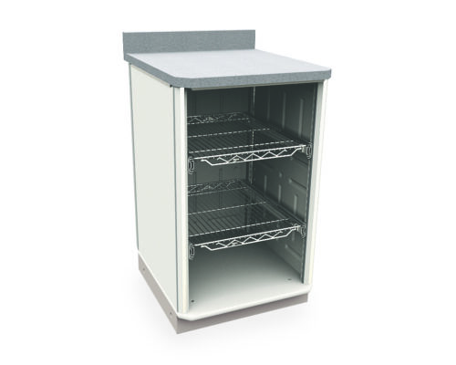 The Metro SXR36WC6 Starsys Workcenters sleek design is mirrored in a 3D rendering of a white kitchen cabinet featuring two open shelves with wire racks, offering ample space for essentials while maintaining a modern and minimalist look.
