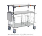 The Metro MS1848-FGFG-PK2 PrepMate 48 Prep Station with Accessory Pack 2 features solid galvanized top and bottom shelves, chrome posts, a top serving space, two shelves, four wheels for mobility, side handles, and a mounted storage box. Note that dimensions may differ from those shown.