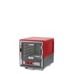 A compact red and gray convection oven with a glass door resembles the Metro C533-HXFC-LA C5 3 Series Insulated Holding Cabinet, featuring a dial and LED display control panel, set against a white background.