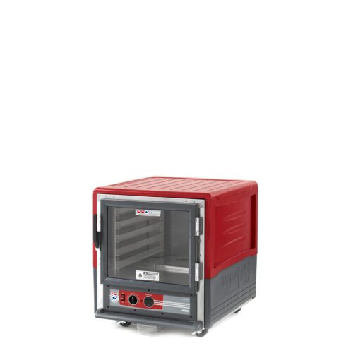 neawajucx4mxwyimhsxjlzwpesayadk9.jpg A compact red and gray convection oven with a glass door resembles the Metro C533-HXFC-LA C5 3 Series Insulated Holding Cabinet, featuring a dial and LED display control panel, set against a white background.