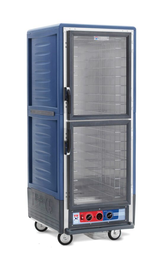 The Metro C539-MXDC-4-BU C5 3 Series is a full-height, insulated moisture heated holding/proofing cabinet with Dutch clear doors, fixed wire slides, and bottom temperature control. It operates at 220-240V with 1681-2000W power and is designed in blue and gray for easy food transport on wheels.