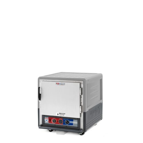 The Metro C533-MXFS-L-GY C5 3 Series insulated moisture heated holding/proofing cabinet features a large gray full-length solid door and red control knobs, with small wheels for mobility. Its situated on a plain white background.