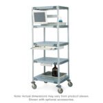 The Metro HPLC2X3 MetroMax i 5-Shelf Double HPLC Experiment Cart, tall and gray with four wheels, is ideal for lab work. It accommodates lab equipment with multiple shelves; one supports a monitor and keyboard. Includes dimensions and optional accessories for this sturdy cart.
