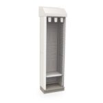 A tall, empty electrical cabinet with a white exterior and open front is similar to the Metro SXRS80HCATHTD Starsys Tambour Door Stationary Catheter Storage Cabinet, Single Wide, Half Depth. It boasts perforated panels, a small bottom shelf, and stands elegantly against a white background.