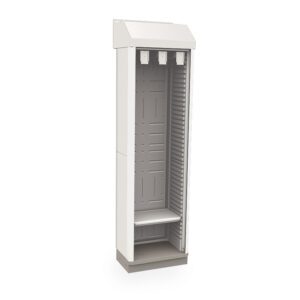 A tall, empty electrical cabinet with a white exterior and open front is similar to the Metro SXRS80HCATHTD Starsys Tambour Door Stationary Catheter Storage Cabinet, Single Wide, Half Depth. It boasts perforated panels, a small bottom shelf, and stands elegantly against a white background.