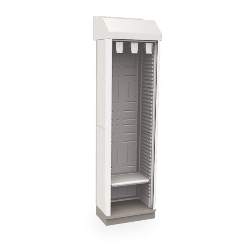ngknbholtcvngtre9s4bzmdu0fiukj6p.jpg A tall, empty electrical cabinet with a white exterior and open front is similar to the Metro SXRS80HCATHTD Starsys Tambour Door Stationary Catheter Storage Cabinet, Single Wide, Half Depth. It boasts perforated panels, a small bottom shelf, and stands elegantly against a white background.