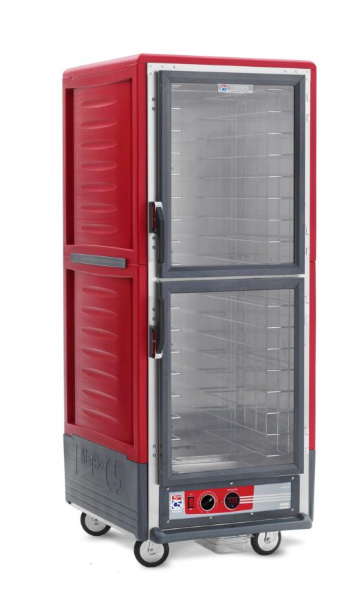 The Metro C539-HXDC-4A, a full-height red holding cabinet, features Dutch clear doors and fixed wire slides. It operates at 220-240V with 1681-2000W power and offers mobility with its wheeled design and control panel at the bottom.