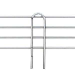 The Metro L30N-4S Super Erecta 4 High Stackable Ledge, crafted from stainless steel, features a minimalist design with twin silver horizontal bars supported by vertical loops, ideal for efficiently organizing items on wire shelving.