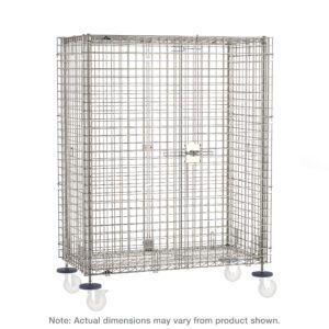 The Metro SEC63S-SD Super Erecta Standard-Duty Stem Caster Security Shelving Unit features sturdy stainless steel construction and a front latch. It measures 33.5 x 40.75 x 62, excluding casters, and is mounted on wheels for mobility. Note: actual dimensions may vary from those shown.