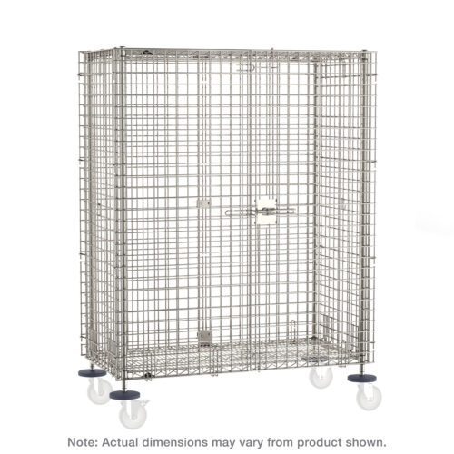 The Metro SEC63S-SD Super Erecta Standard-Duty Stem Caster Security Shelving Unit features sturdy stainless steel construction and a front latch. It measures 33.5 x 40.75 x 62, excluding casters, and is mounted on wheels for mobility. Note: actual dimensions may vary from those shown.