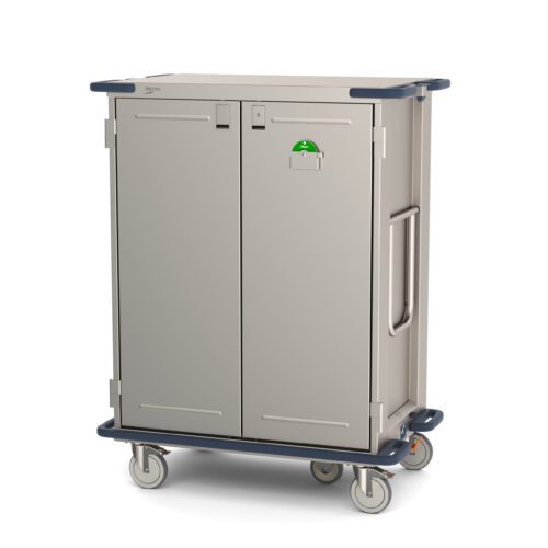 The Metro CaseVue CV36HS-5BH Surgical Case Cart is a spacious storage unit with solid doors and 5th wheel steering. Measuring 45.5W x 28D x 58.25H, it has a right-side handle, blue bumpers, and a green dome indicator for easy transport or storage solutions.