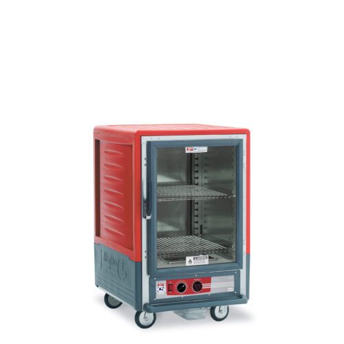 The Metro C535-HLFC-S C5 3 Series Insulated Holding Cabinet, 1/2 Height, features a red exterior with a full-length clear door and two adjustable wire shelves, operating efficiently at 120V. It is mounted on four casters for easy mobility.