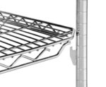 Close-up of the Metro 2448QC qwikSLOT Wire Display Shelf, Chrome, 24 x 48, featuring a grid pattern secured with a metal bracket. It attaches to a vertical pole with evenly spaced grooves for adjustable shelving and appears to be made of stainless steel.