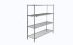 The Metro N366C Super Erecta 4-Shelf Industrial Wire Shelving Starter Unit, Chrome, 18 x 60 x 63, features a sleek open design with four chrome shelves on robust vertical posts, standing elegantly against a plain white background.