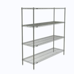 The Metro N366C Super Erecta 4-Shelf Industrial Wire Shelving Starter Unit, Chrome, 18 x 60 x 63, features a sleek open design with four chrome shelves on robust vertical posts, standing elegantly against a plain white background.