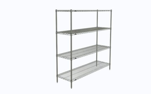The Metro N366C Super Erecta 4-Shelf Industrial Wire Shelving Starter Unit, Chrome, 18 x 60 x 63, features a sleek open design with four chrome shelves on robust vertical posts, standing elegantly against a plain white background.