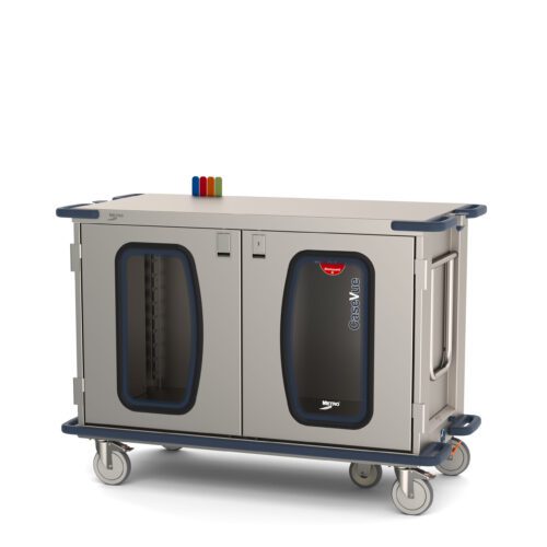 The Metro CaseVue CV48LC-5BFH Surgical Case Cart features clear doors, a 5th wheel steering system, color flags, and a swing-up handle. Measuring 57.5W x 28D x 40.625H, it offers seamless mobility in clinical settings with its caster wheels and vibrant red, green, and blue accents.