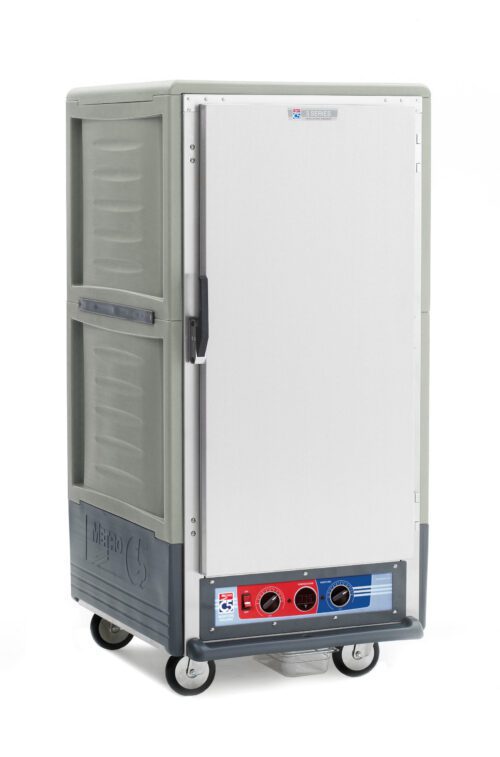 The Metro C537-MXFS-U-GYA C5 3 Series Cabinet is a gray, sleek, 3/4 height food transport cart with four wheels. It features a full-length solid door, smooth surface, side handle, and bottom controls. Designed for efficient holding/proofing with universal wire slides, it operates at 220-240V.