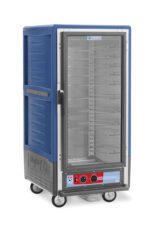 The Metro C537-HXFC-U-BU C5 3 Series insulated holding cabinet is a 3/4 height unit in blue with a full-length clear door and universal wire slides. It operates at 220-240V, 50/60Hz, and features side handles for mobility.