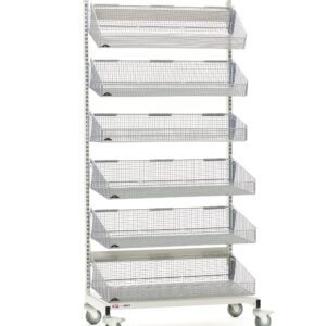The Metro QB148-M6 qwikSIGHT Mobile Single-Sided 6-Basket Shelving Unit, featuring seven angled wire mesh shelves, is shown in tall white against a plain backdrop. Note: Actual dimensions may vary from product shown.