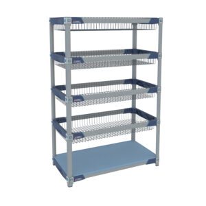This 18 x 36, 60 metal storage shelf with a sleek silver frame and blue accents has five tiers, featuring four wire mesh baskets and a solid bottom shelf, similar to the Metro GWBX3-2 MetroMax i Glassware Basket Carts for optimal organization.