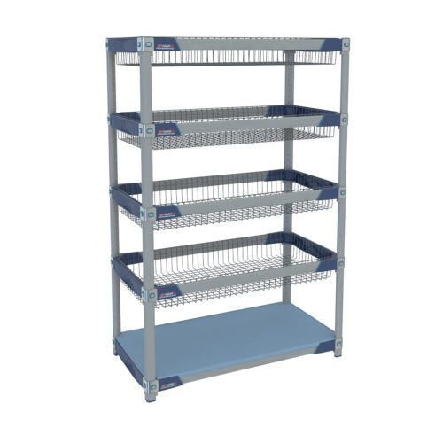 ntaojdpk640pohzv5xoj6lsb6v2my0er.jpg This 18 x 36, 60 metal storage shelf with a sleek silver frame and blue accents has five tiers, featuring four wire mesh baskets and a solid bottom shelf, similar to the Metro GWBX3-2 MetroMax i Glassware Basket Carts for optimal organization.