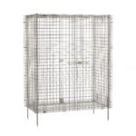 The Metro SEC55S Super Erecta offers a stainless steel wire cage with vertical and horizontal bars, a front latch door, and short legs. Measuring 27.25 x 50.5 x 66.8125, it features an open top and bottom for secure storage.