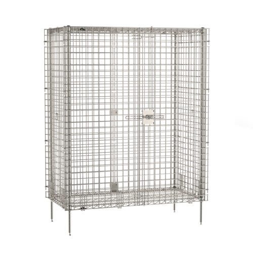 The Metro SEC55S Super Erecta offers a stainless steel wire cage with vertical and horizontal bars, a front latch door, and short legs. Measuring 27.25 x 50.5 x 66.8125, it features an open top and bottom for secure storage.