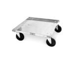 The Metro DH2020N Dish Rack Dolly with Handle is a sleek, functional silver metal cart with four black wheels for easy mobility and a low-profile design, perfect for heavy loads.