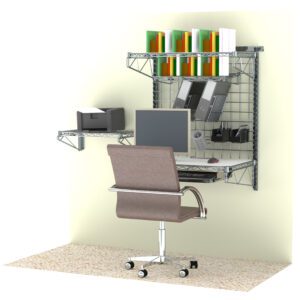 A home office includes a Metro CRMGRSW SmartWall Managers Station featuring wall-mounted metal shelves. It holds books, a monitor, and a printer. Below is a beige chair on woven carpet, with organized binders and stationery displayed on the shelves.