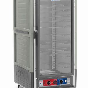 The Metro C537-CLFC-U-GYA C5 3 Series 3/4 height insulated holding/proofing cabinet features a full-length clear door, universal wire slides, control knobs at the bottom, is powered by 120V, has wheels for mobility, and comes in a sleek gray design perfect for keeping food warm on the go.