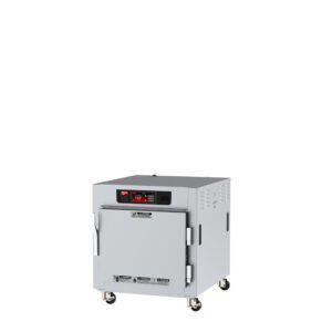 The Metro C583X-SFS-UA is a gray, industrial warming cabinet on wheels with a full-length solid door. Operating at 220-240V and 50/60Hz, it includes a digital display, control panel, safety labels, and two handles for efficiency and convenience.