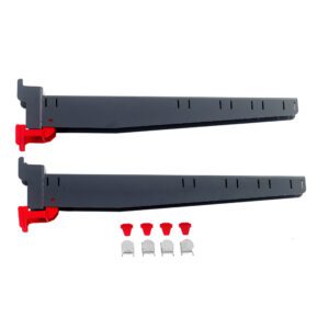 Displayed horizontally are two black Metro SMA24A SmartLever Arms, each 24 long, with red clips on the ends. Below them are two small red plastic pieces and four gray metal components, all neatly arranged against a crisp white backdrop for versatile support.