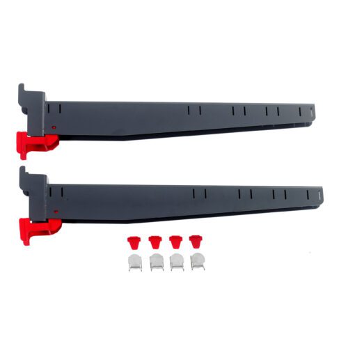 Displayed horizontally are two black Metro SMA24A SmartLever Arms, each 24 long, with red clips on the ends. Below them are two small red plastic pieces and four gray metal components, all neatly arranged against a crisp white backdrop for versatile support.