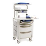 The Metro FLXPROC2 Flexline Procedure Cart in white offers multiple drawers, a top shelf, a blue cushion, a wire basket, and essential medical supplies for efficient use.