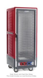 The red Metro C539-CFC-L C5 3 Series cabinet features a full-length clear door, wire shelves, and aluminum slides. It operates on 120V/60Hz and 2000W, with control knobs at the bottom front for temperature settings.