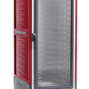 The red Metro C539-CFC-L C5 3 Series cabinet features a full-length clear door, wire shelves, and aluminum slides. It operates on 120V/60Hz and 2000W, with control knobs at the bottom front for temperature settings.