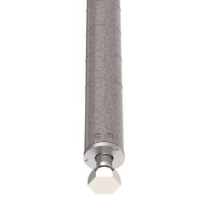 A long, cylindrical metallic object with a hexagonal end, standing against a white background, has a textured surface in Metroseal Gray, indicating it is part of the Metro Super Erecta 74PK4-STKD SiteSelect Industrial Wire Shelving Staked Post system.