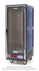 The tall Metro C539-HLFC-L-BUA C5 3 Series Insulated Holding Cabinet, in blue and gray, features a full-length clear glass door, fixed wire slides, Lip Load Aluminum Slides, wheels for mobility, and a front control panel below the image. Specifications: 120V, 60Hz, 1440W.