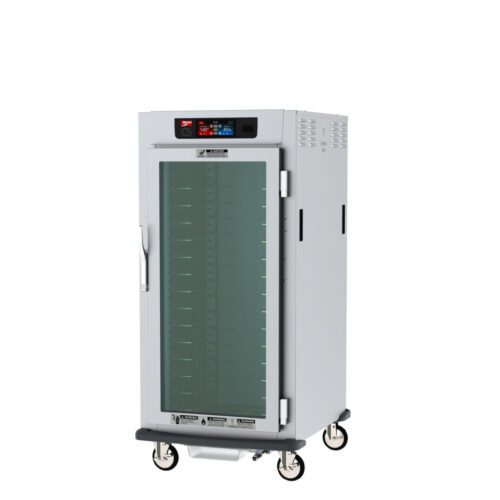 The Metro C597L-SFC-U C5 9 Series is a 3/4 height heated holding cabinet with a full-length glass door, featuring Universal Wire Slides and a digital display. Operating on 120V, 60Hz, it includes top ventilation vents and is equipped with four wheels for easy mobility in professional kitchens.