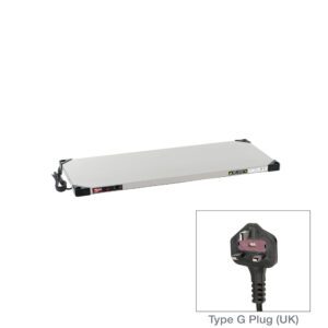 The Metro HSX1842-UK Super Erecta Hot Stainless Steel Heated Shelf, 18 x 42, offers adjustable power from 336-400W and features temperature control buttons, indicator lights, and a convenient UK Type G plug.