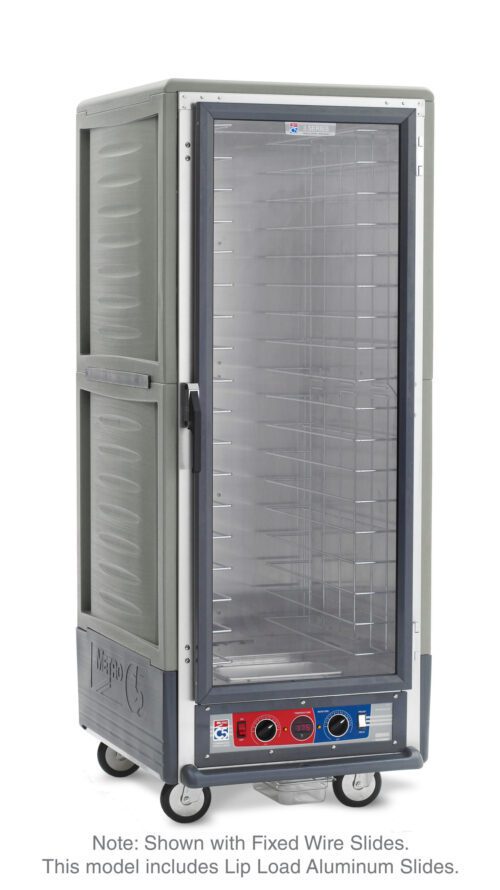 The Metro C539-CLFC-L-GYA C5 3 Series is a tall, gray insulated holding/proofing cabinet with a full-length clear door, featuring 60Hz control dials and Lip Load Aluminum Slides. Its mounted on wheels for easy mobility.