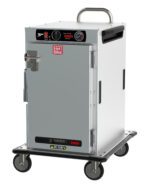 The Metro HBCN8-AS-T HotBlox 8-Pan Insulated Holding Cabinet has an 875W capacity, a solid lockable door with the Hot Blox label, wheels, a top handle, an analog controller, and a NEMA 5-15P plug for mobility.