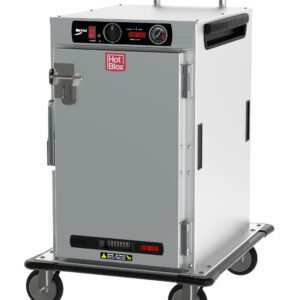 The Metro HBCN8-AS-T HotBlox 8-Pan Insulated Holding Cabinet has an 875W capacity, a solid lockable door with the Hot Blox label, wheels, a top handle, an analog controller, and a NEMA 5-15P plug for mobility.